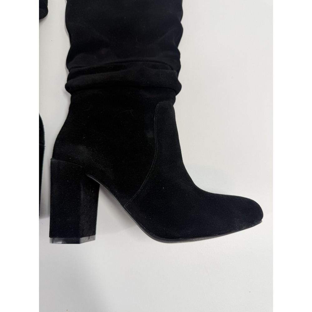 Steve Madden 7M Black Suede Leather Knee High Boots Block Heel Slouchy Moto - Picture 2 of 9
